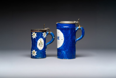 A varied group of six blue, white and polychrome Brussels faience jugs, 18th C.