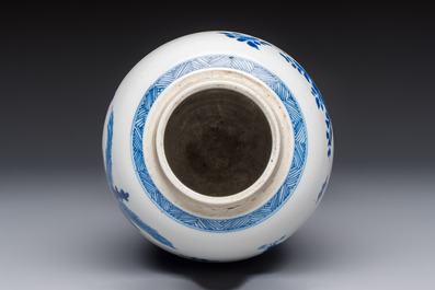 A Chinese blue and white ovoid 'Antiquities' jar with a wooden cover, Kangxi