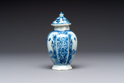 A Chinese blue and white tea caddy, a teapot and an Imari-style teapot, Kangxi/Yongzheng