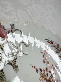 A Chinese famille verte Kakiemon-style 'Boy and Tigers' lobed dish, Kangxi