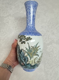 A Chinese famille rose 'Figures at a Lotus Pond' vase, Qianlong mark, 20th C.