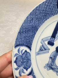 Five Chinese blue and white plates with narrative design, Chenghua mark, 19th C.