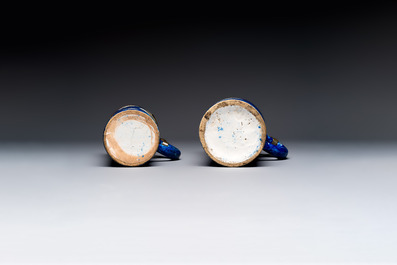 A varied group of six blue, white and polychrome Brussels faience jugs, 18th C.