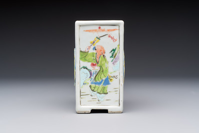 A Chinese famille rose relief-moulded rectangular brush pot with figural design, Yongzheng