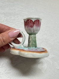 A pair of Chinese export famille rose lotus-form chambersticks on ruyi-shaped bases, Qianlong