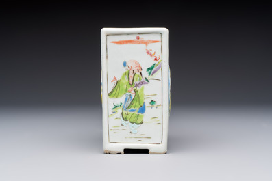 A Chinese famille rose relief-moulded rectangular brush pot with figural design, Yongzheng