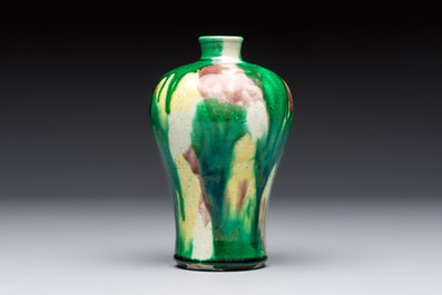 A Chinese sancai-glazed 'Meiping' vase on a wooden stand, 19th C.