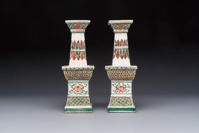 A pair of Chinese famille verte square candle holders, 19th C.