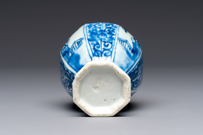 A Chinese blue and white tea caddy, a teapot and an Imari-style teapot, Kangxi/Yongzheng