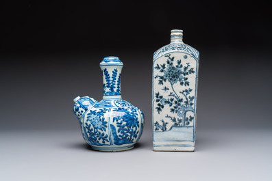 A Chinese blue and white kendi and a square flask, Wanli