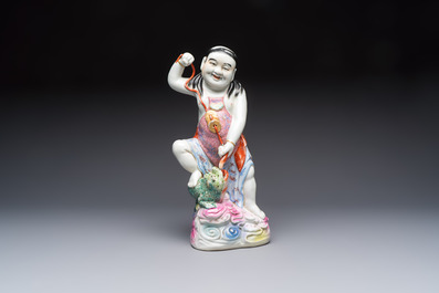 A Chinese famille rose group of Liu Hai and his three-legged toad, Wei Hongtai Zao 魏洪泰造 mark, Republic