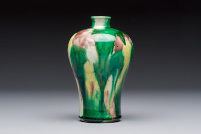 A Chinese sancai-glazed 'Meiping' vase on a wooden stand, 19th C.