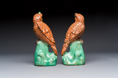 A pair of Chinese polychrome-glazed hawks, 20th C.