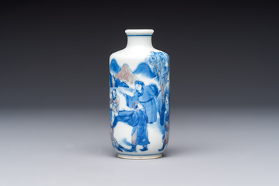 A Chinese blue, white and copper-red snuff bottle with narrative design, 19th C.