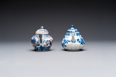 A Chinese blue and white tea caddy, a teapot and an Imari-style teapot, Kangxi/Yongzheng