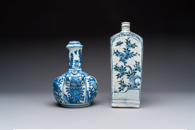 A Chinese blue and white kendi and a square flask, Wanli