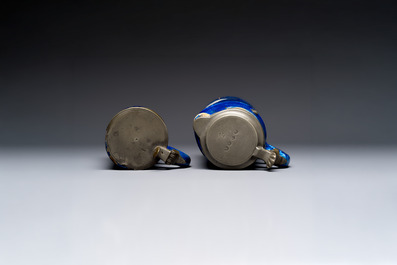 A varied group of six blue, white and polychrome Brussels faience jugs, 18th C.