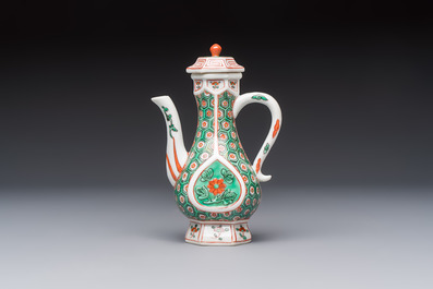 A Chinese famille verte rosewater sprinkler, a wucai jar and a Samson Paris verte-style covered ewer, 17/19th C.