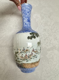 A Chinese famille rose 'Figures at a Lotus Pond' vase, Qianlong mark, 20th C.