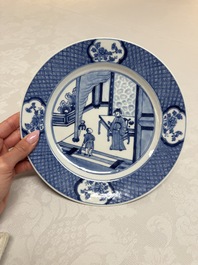 Five Chinese blue and white plates with narrative design, Chenghua mark, 19th C.