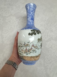 A Chinese famille rose 'Figures at a Lotus Pond' vase, Qianlong mark, 20th C.