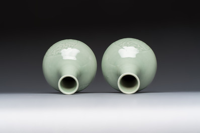 A pair of Chinese celadon-glazed bottle vases with incised phoenix design, Yongzheng mark, 19th C.