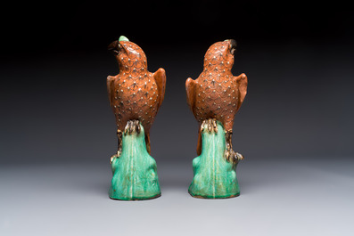 A pair of Chinese polychrome-glazed hawks, 20th C.