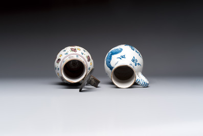 A varied group of six blue, white and polychrome Brussels faience jugs, 18th C.