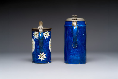 A varied group of six blue, white and polychrome Brussels faience jugs, 18th C.