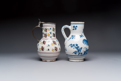 A varied group of six blue, white and polychrome Brussels faience jugs, 18th C.