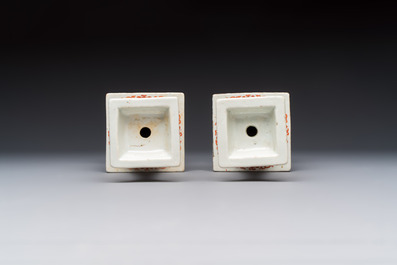 A pair of Chinese famille verte square candle holders, 19th C.