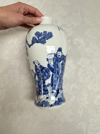 A pair of Chinese blue and white 'Meiping' vases with figures and a poem, signed Xu Banqiu 徐半秋, Kangxi mark, 19th C.