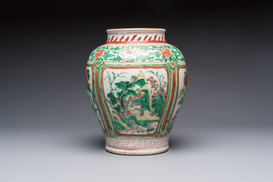 A Chinese wucai 'Landscapes and Flowers' vase, Transitional period