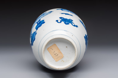 A Chinese blue and white ovoid 'Antiquities' jar with a wooden cover, Kangxi