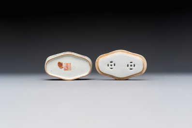 Two Chinese coral-red-ground covered bowls and a famille rose covered cricket box, Zhang Yihe 張義和 and Gong Hesheng 龔和盛 marks, 19th C.