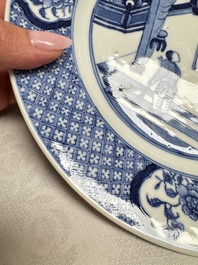 Five Chinese blue and white plates with narrative design, Chenghua mark, 19th C.