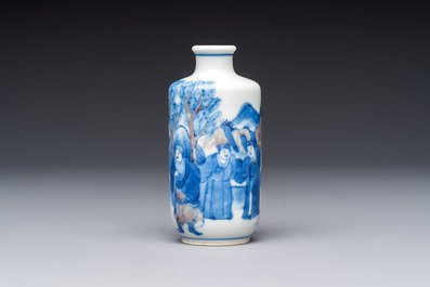 A Chinese blue, white and copper-red snuff bottle with narrative design, 19th C.