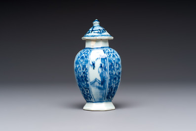 A Chinese blue and white tea caddy, a teapot and an Imari-style teapot, Kangxi/Yongzheng