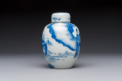 A Chinese blue and white 'Elegant Beauties' tea caddy and cover, artemisia leaf mark, Kangxi