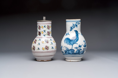 A varied group of six blue, white and polychrome Brussels faience jugs, 18th C.