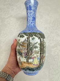 A Chinese famille rose 'Figures at a Lotus Pond' vase, Qianlong mark, 20th C.