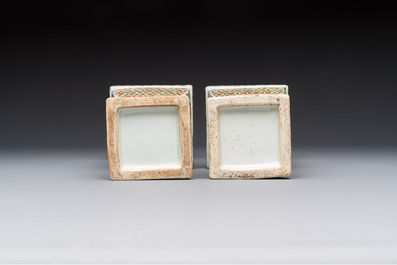 A pair of Chinese famille verte square candle holders, 19th C.