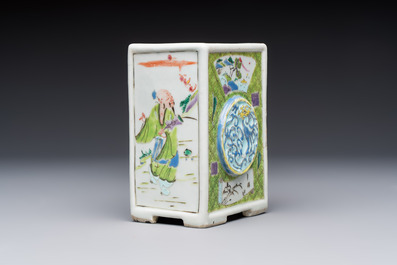 A Chinese famille rose relief-moulded rectangular brush pot with figural design, Yongzheng