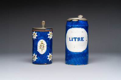 A varied group of six blue, white and polychrome Brussels faience jugs, 18th C.