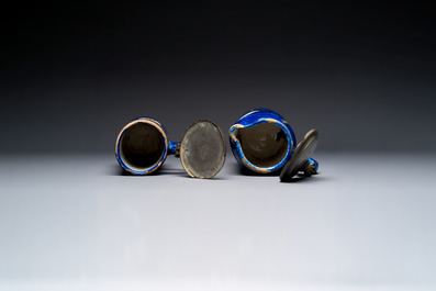 A varied group of six blue, white and polychrome Brussels faience jugs, 18th C.