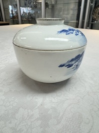 A pair of Chinese blue and white 'Bleu de Hue' covered bowls with landscape design, Phong Vu Quy Chu 風雨歸舟 marks, 19th C.