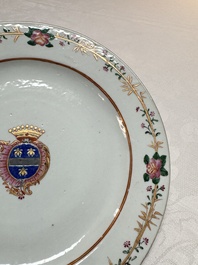 Two Chinese export famille rose plates and three gilt blue-enamelled plates, Qianlong/Jiajing