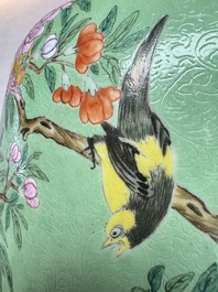 A Chinese famille rose sgraffiato lime-green-ground 'Birds among Flowering Branches' vase, Qianlong mark, 19th C.