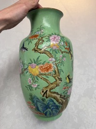 A Chinese famille rose sgraffiato lime-green-ground 'Birds among Flowering Branches' vase, Qianlong mark, 19th C.