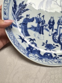 A pair of Chinese blue and white plates with narrative design, Yongzheng